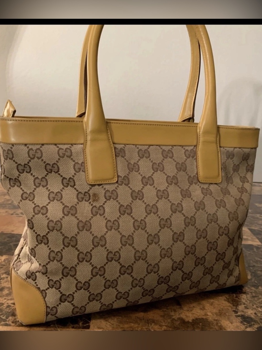 Gucci Beige Monogram Tote with Mustard Leather Trim